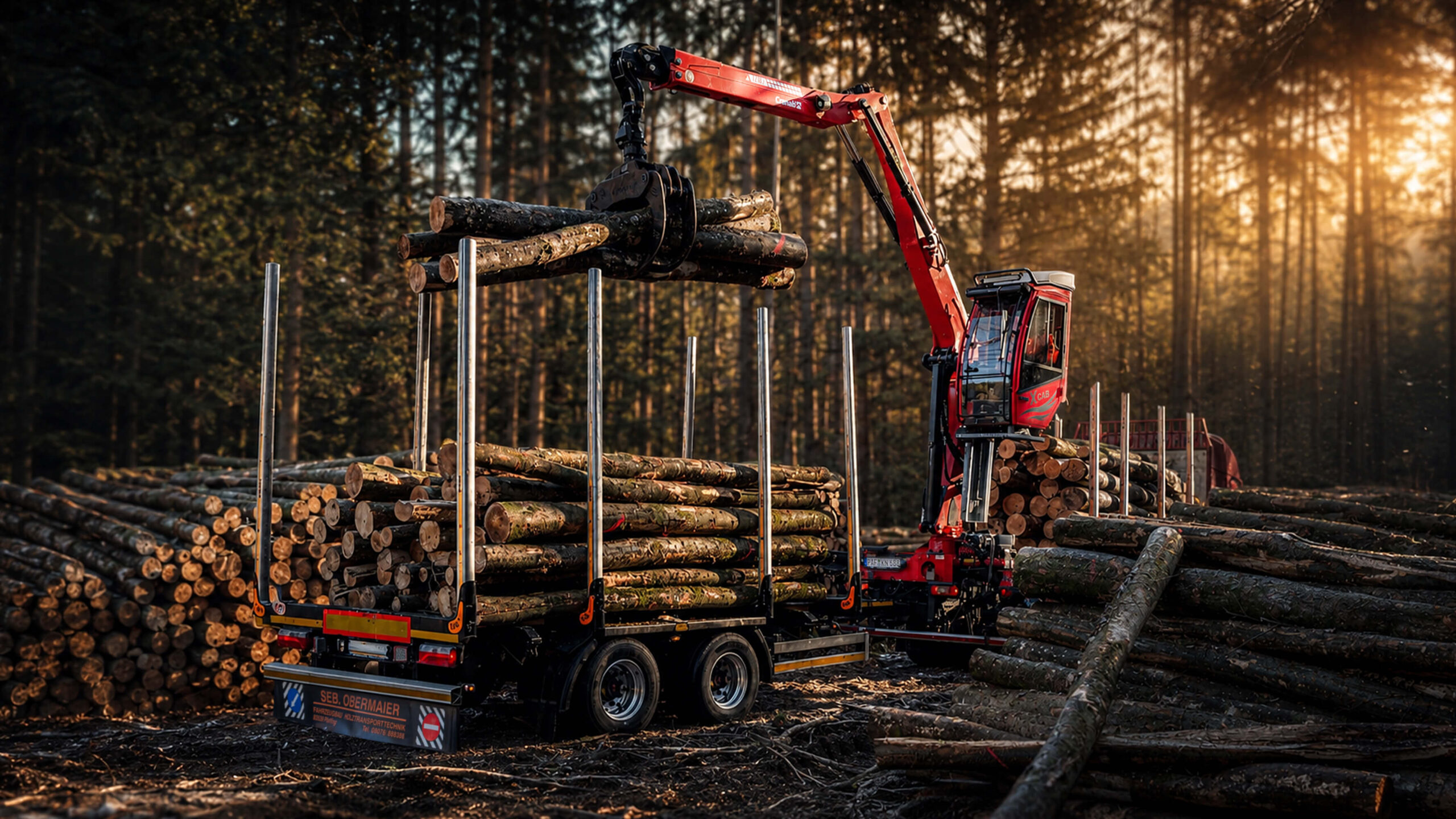 Forstkran von FASSI hebt schwere Baumstämme