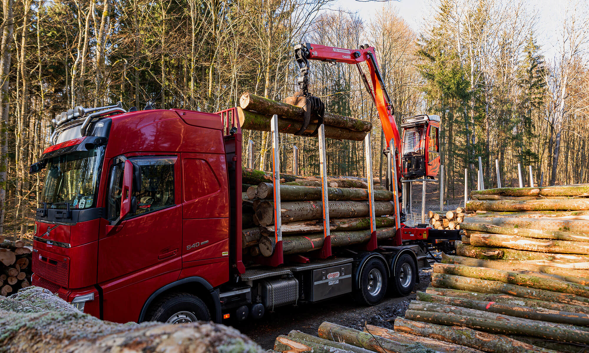 FASSI Forstkran hebt Holz auf einen LKW